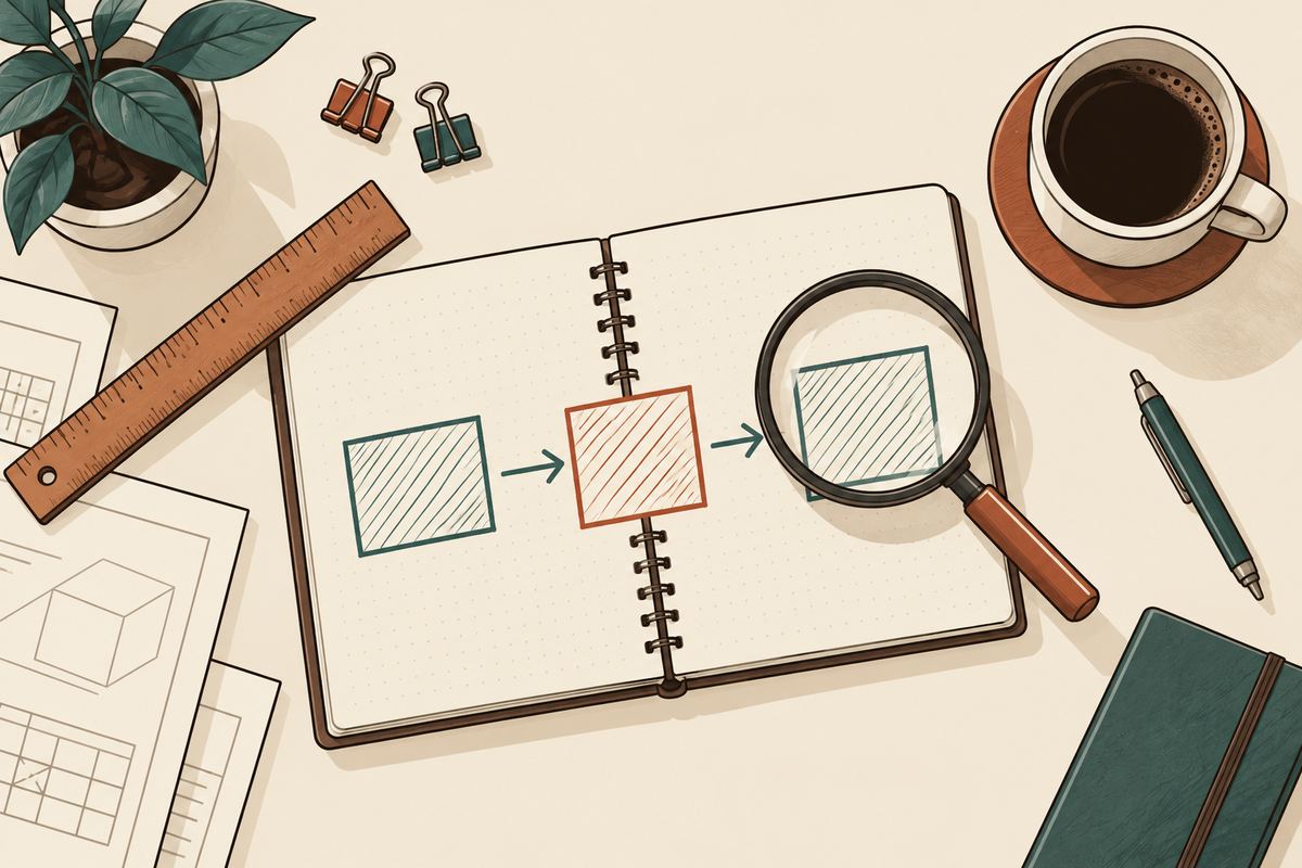Ilustración de mesa de trabajo con cuaderno, regla y lupa sobre un boceto de flujo de tres pasos